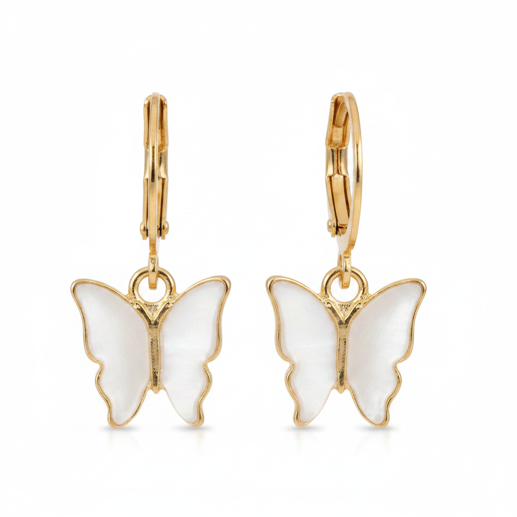 Gold Hoop White Enamel Butterfly Earrings - Thumbnail
