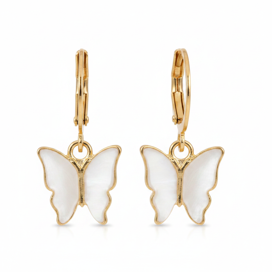 Gold Hoop White Enamel Butterfly Earrings - Thumbnail