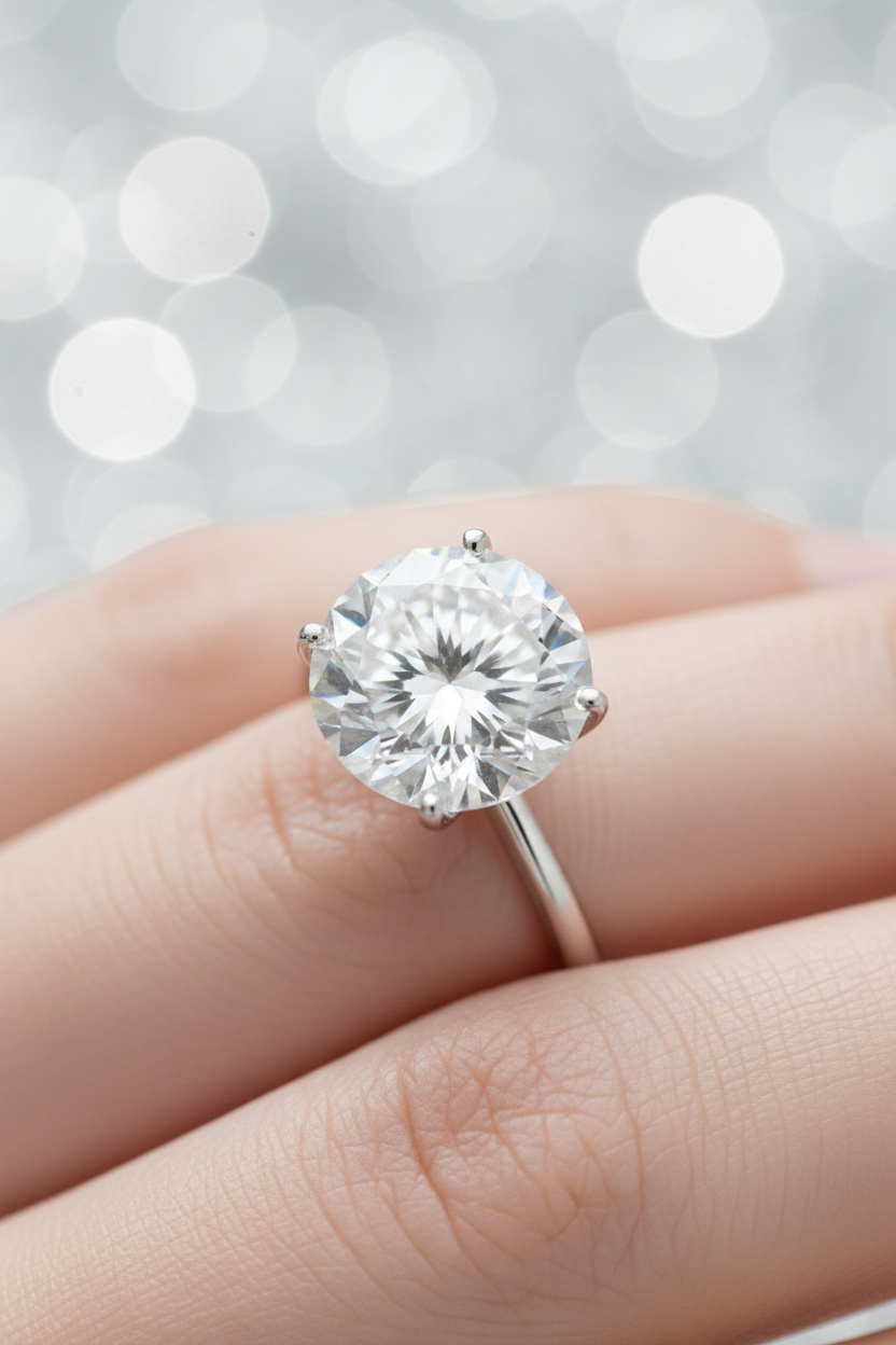 Moissanite solitaire ring with starburst faceting worn on elegant finger with soft silver bokeh
