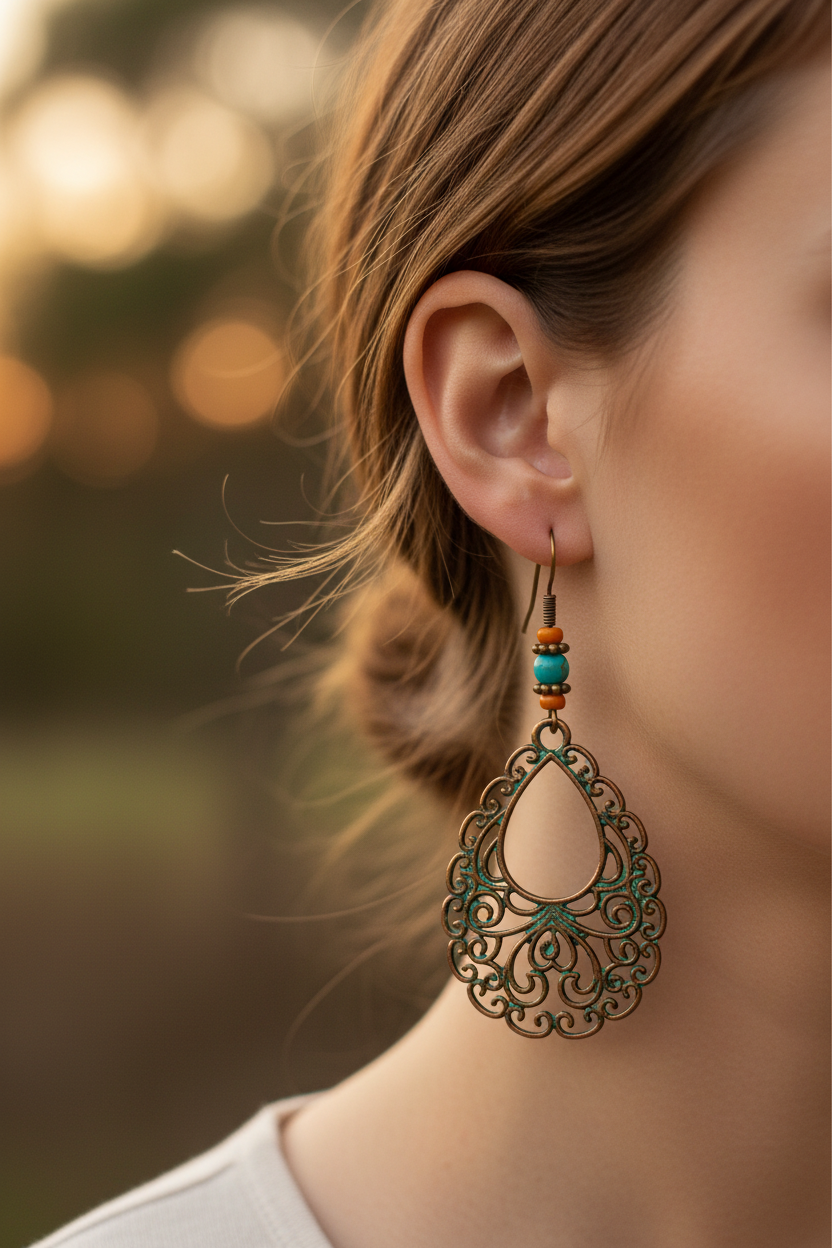 Copper-green filigree teardrop earrings worn on ear with warm earthy bokeh background