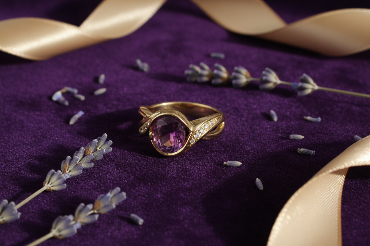 Gold amethyst ring flat lay on deep purple velvet with dried lavender and gold ribbon