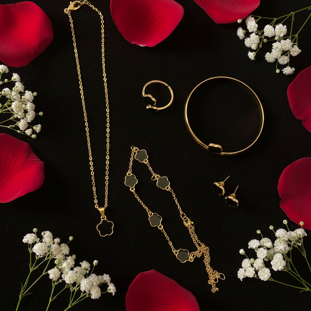 Romantic flat lay of black clover gold jewelry set with rose petals
