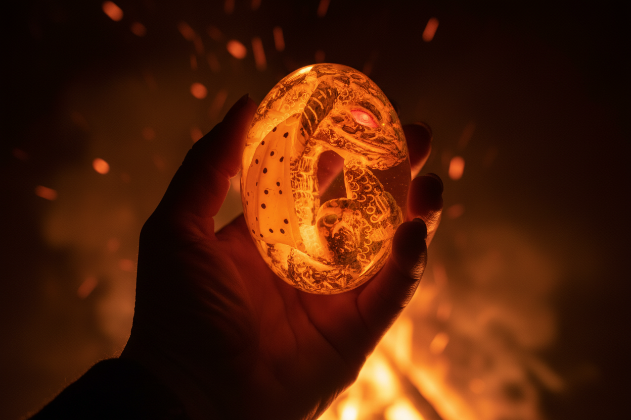 Ember Dragon Egg held in hand, fiery orange glow atmosphere