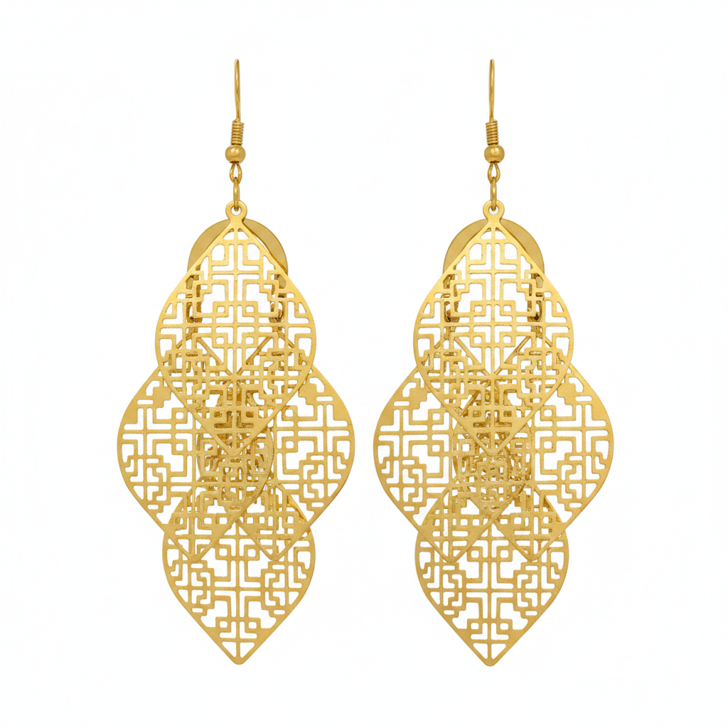 Gold Geometric Lattice Leaf Drop Earrings - Thumbnail