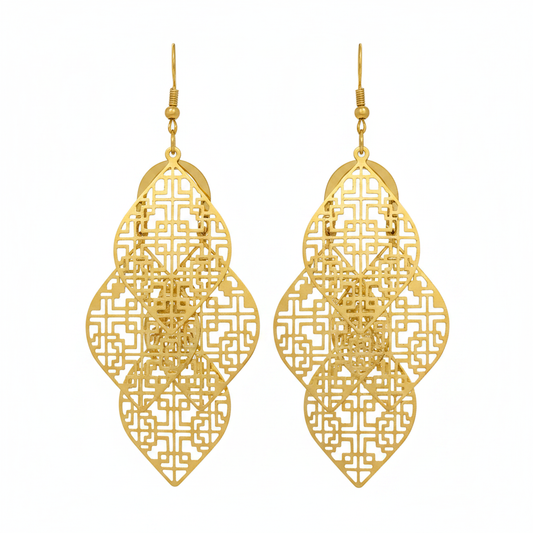 Gold Geometric Lattice Leaf Drop Earrings - Thumbnail