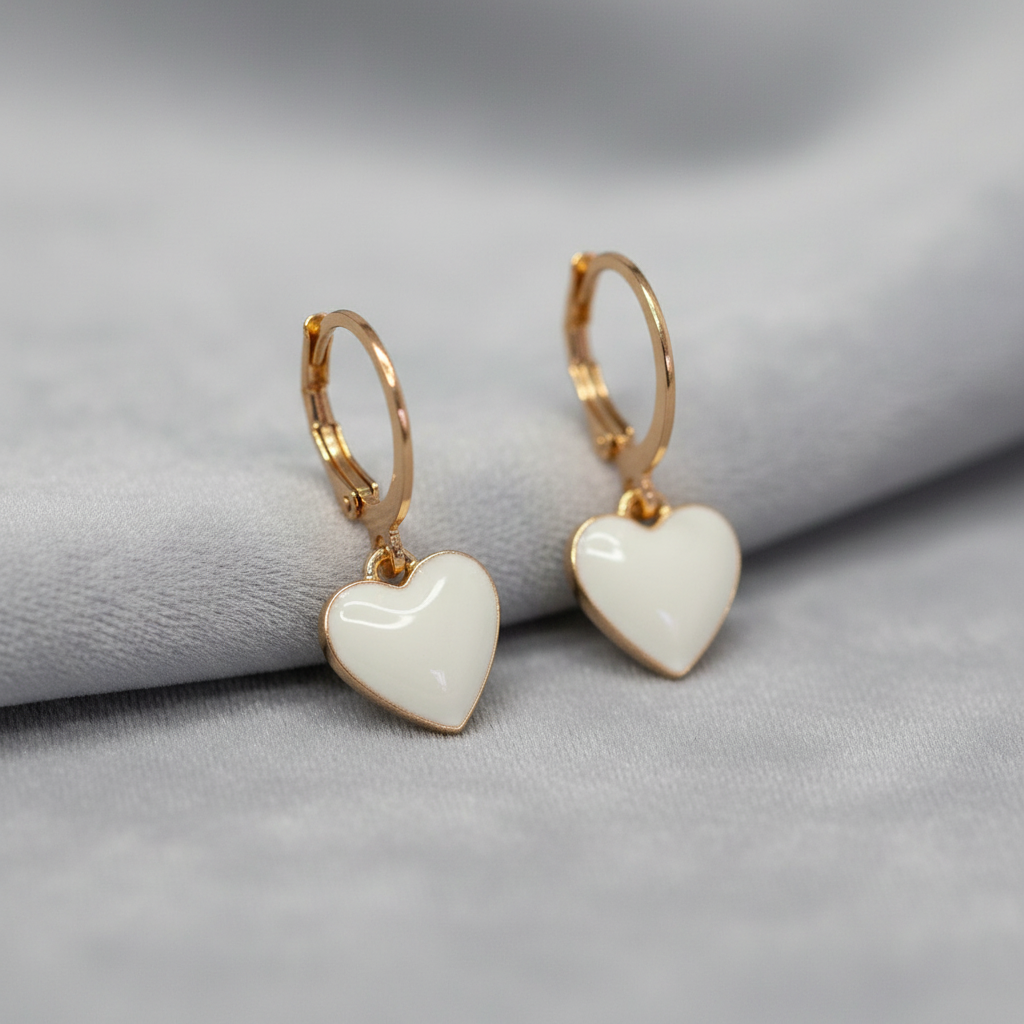 Gold Hoop White Enamel Heart Earrings - Studio