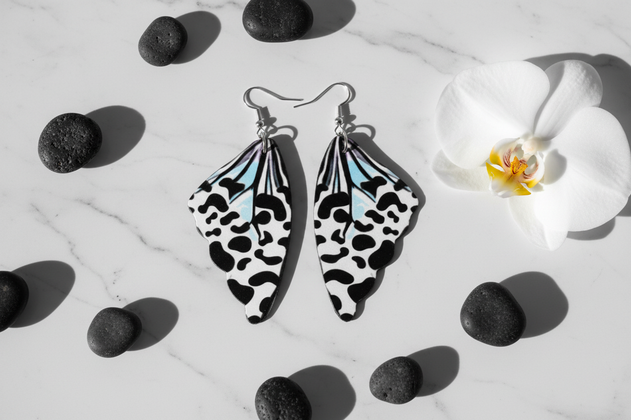 Black white butterfly wing earrings flat lay on white marble with black pebbles and white orchid