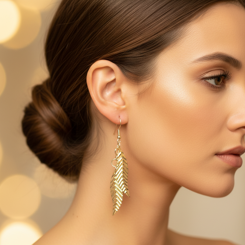 Gold Feather Drop Earrings - Lifestyle
