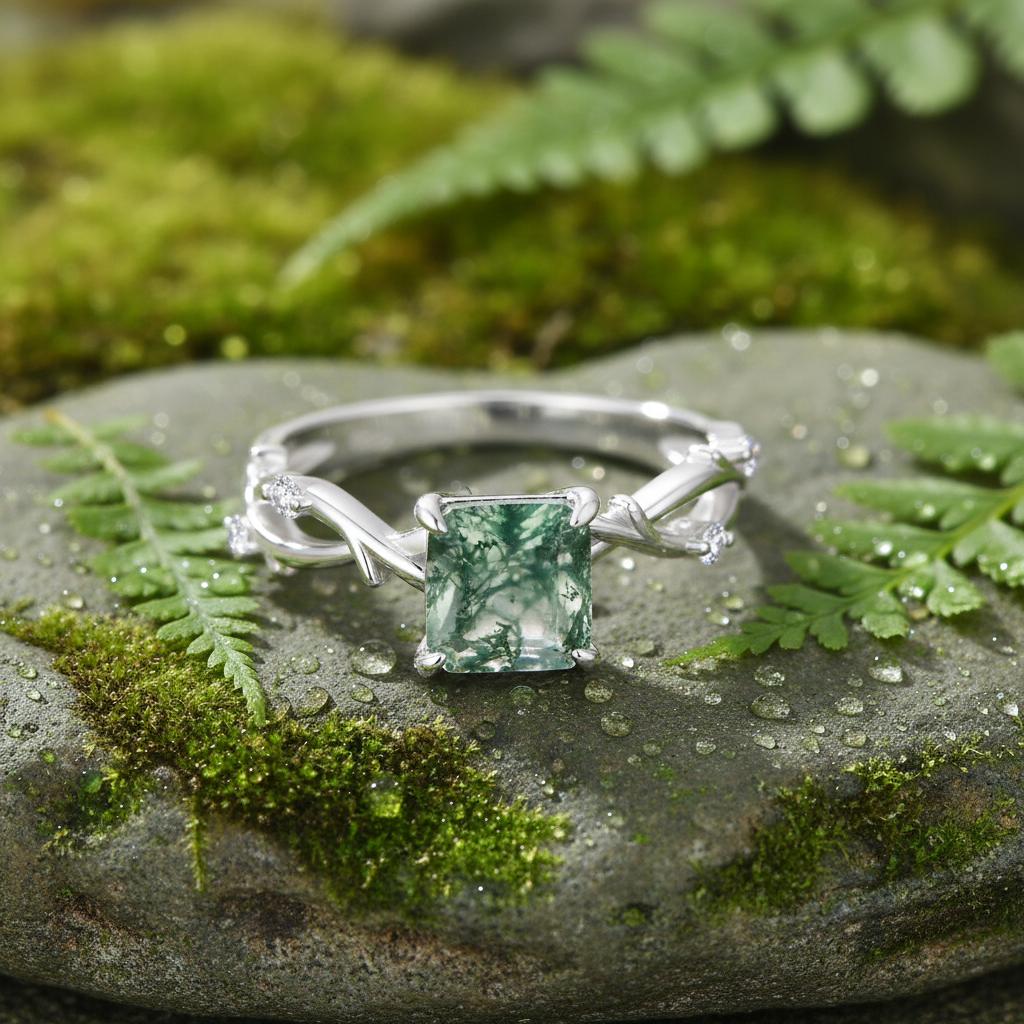 Mossy stone with fern leaves