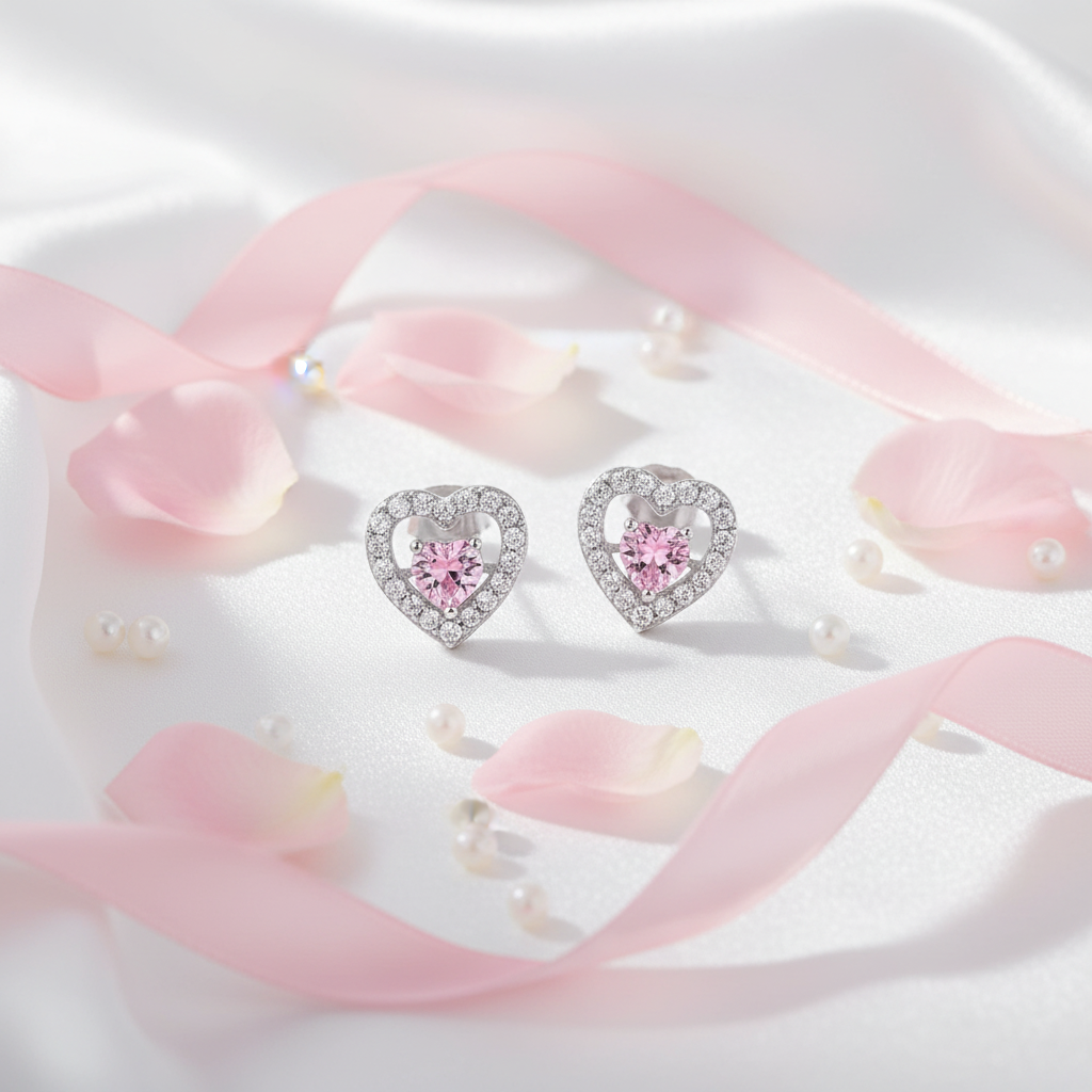 Pink Heart Stud Earrings - Flat Lay