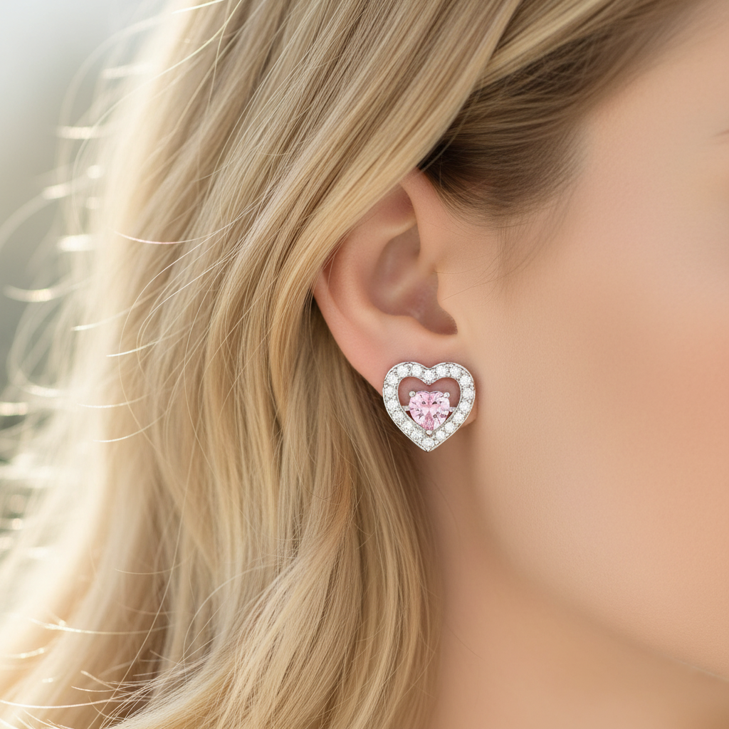 Pink Heart Stud Earrings - Lifestyle