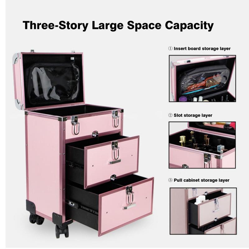Professional aluminium make-up case with universal wheels