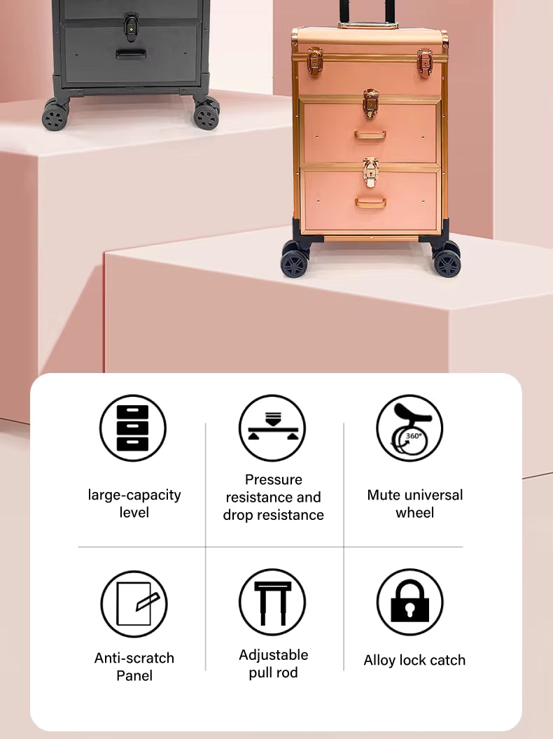 Professional aluminium make-up case with universal wheels
