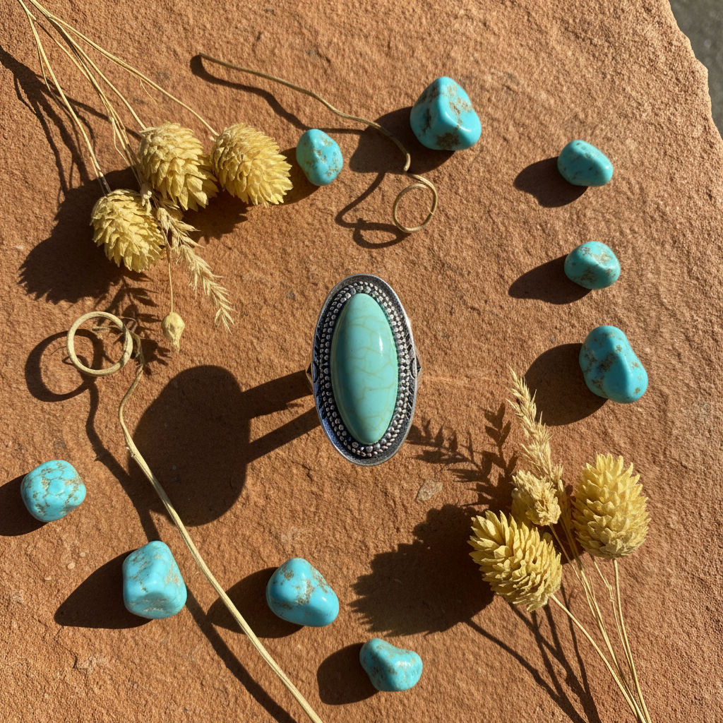 Turquoise Big Oval Marble Ring - Flat Lay
