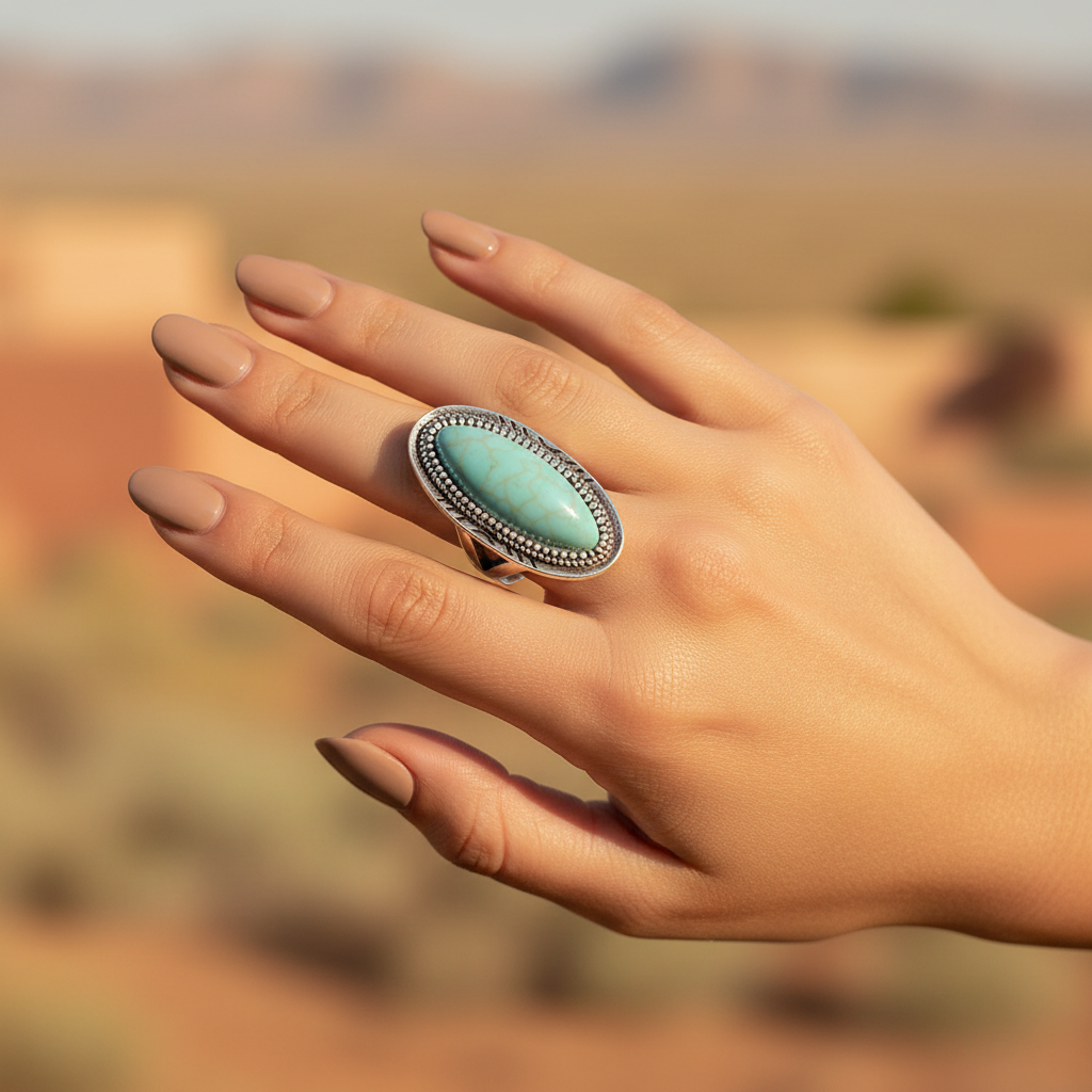Turquoise Big Oval Marble Ring - Lifestyle