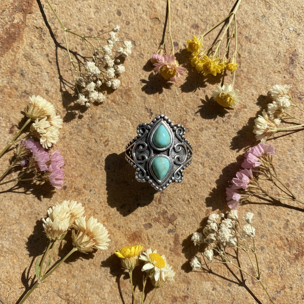 Turquoise Double Crown Ring - Flat Lay