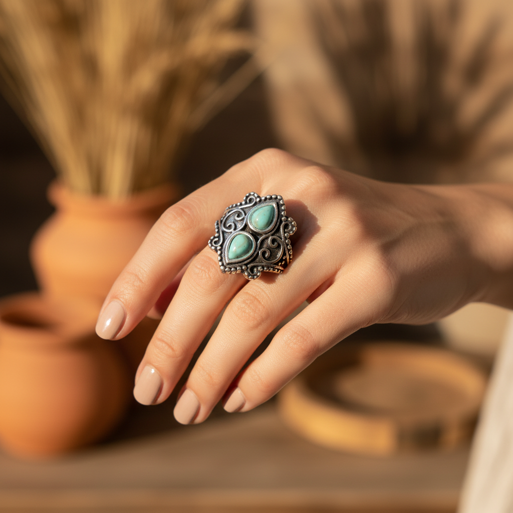 Turquoise Double Crown Ring - Lifestyle